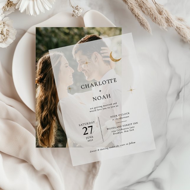 Classic Celestial Gold Moon Stars Wedding Vellum Invitations (Creator Uploaded)