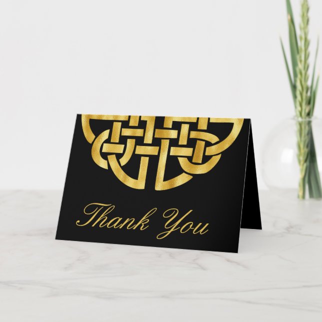 Classic Celtic Knot Black & Gold Handfasting Thank You Card (Front)