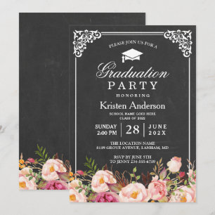 Classic Chalkboard Frame Floral Graduation Party Invitation