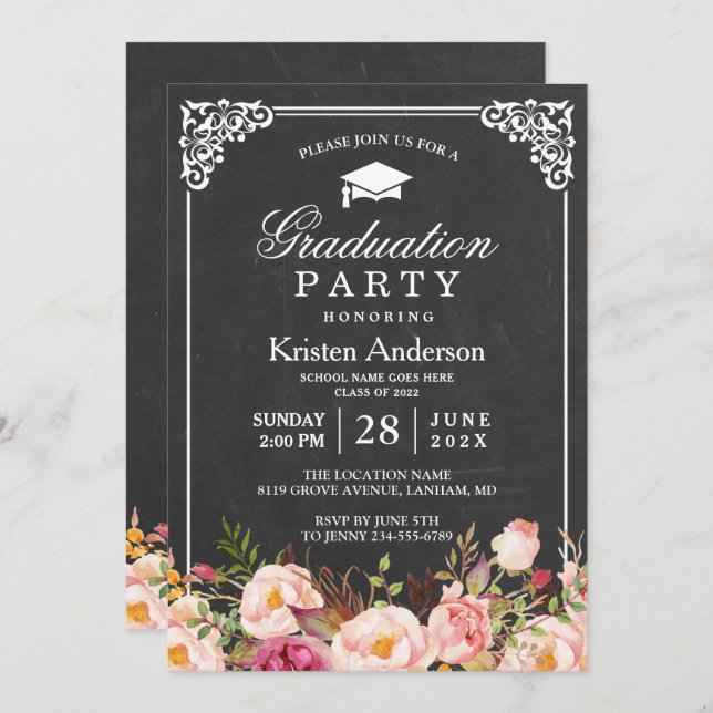 Classic Chalkboard Frame Floral Graduation Party Invitation (Front/Back)