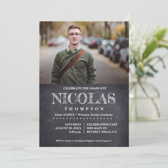 Classic Chalkboard Male Celebrate the Graduate  Invitation (Standing Front)