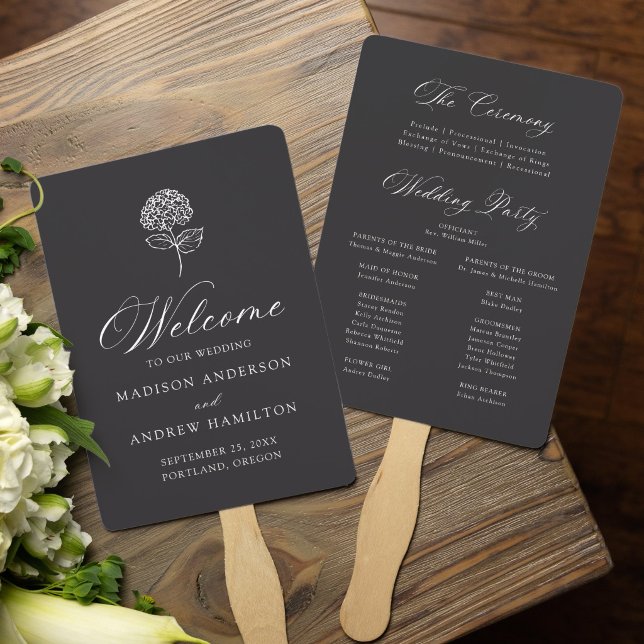 Classic Charcoal Hydrangea Wedding Program Hand Fan (Creator Uploaded)