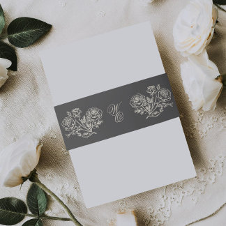 Classic Charcoal Monogram Formal Florals Wedding Invitation Belly Band