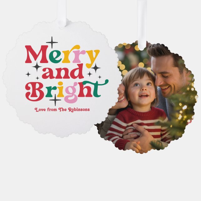 Classic Cheer Merry & Bright Retro Christmas Photo Tree Decoration Card (Front/Back)