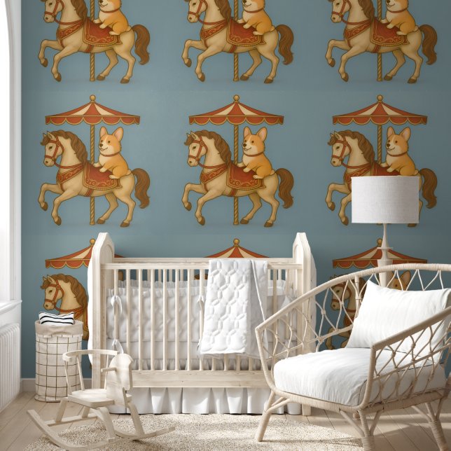 Classic Cheerful Corgi Carousel Nursery  Wallpaper (Kids)
