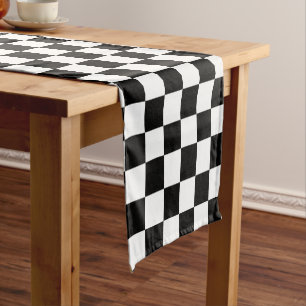 Classic Chequerboard Black White Pattern Short Table Runner