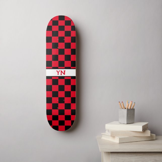 Classic Chequered Black and Red Name Initials  Skateboard (Wall Art)