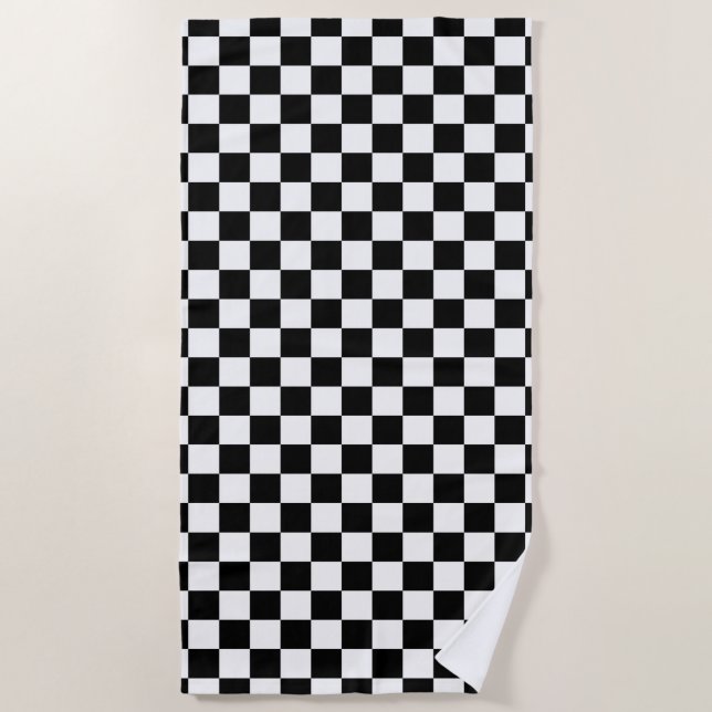 Classic Chequered Racing Sport Check Black White Beach Towel (Front)