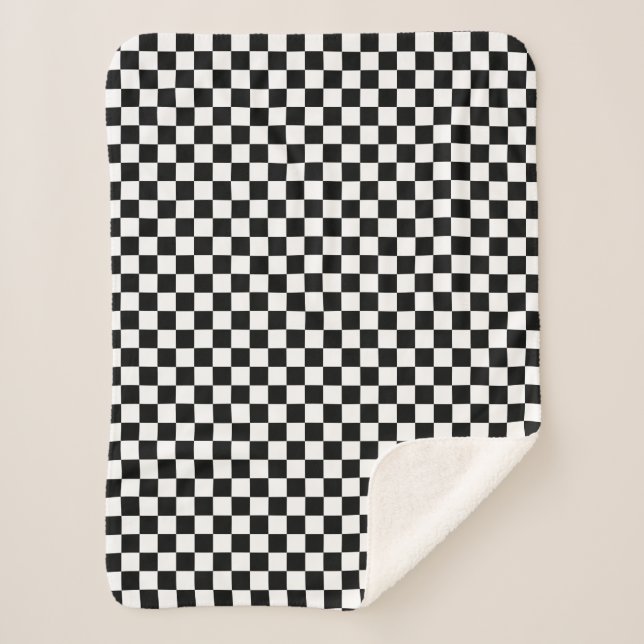 Classic Chequered Racing Sport Check Black White Sherpa Blanket (Front)