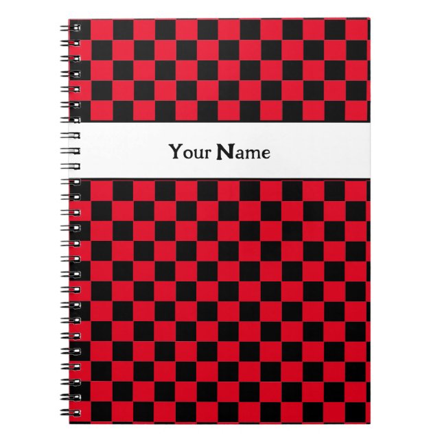 Classic Chequered Red and Black Custom Name  Notebook (Front)