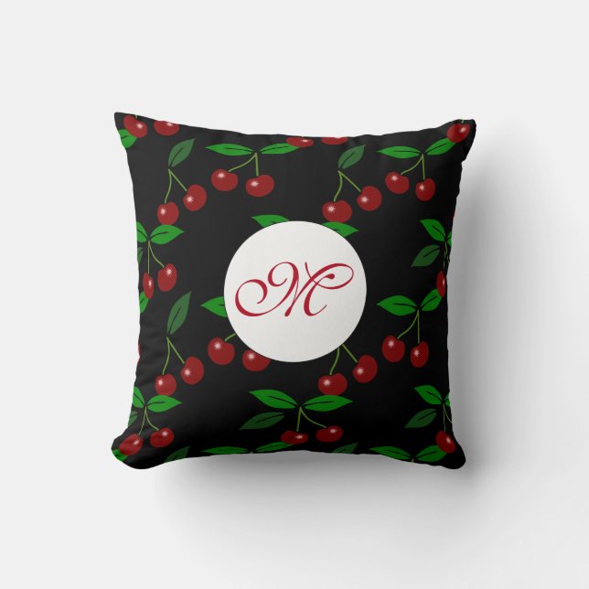 Classic Cherry Fruit Leaf Monogram Black Pillow 4 (Front)
