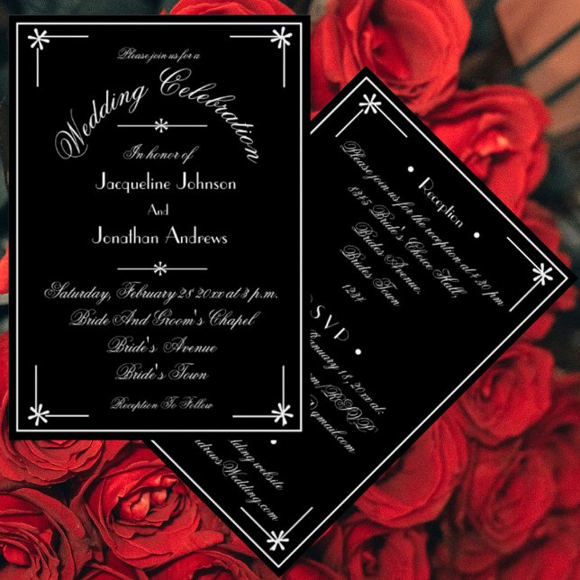 Classic Chic Black and White All In One Wedding Invitation (Classic black and white wedding invitations. Chic script, all in one, incl RSVP, email, website etc.)