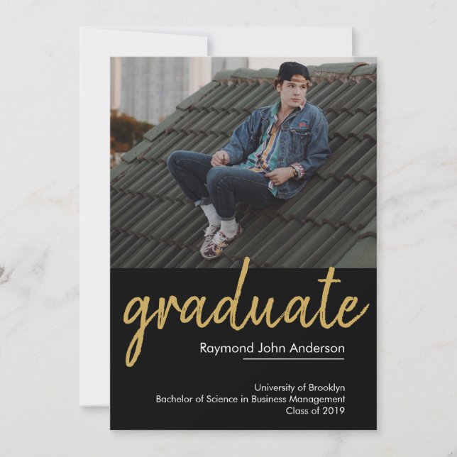 Classic Chic Black Gold Graduate Script Graduation Announcement (Front)