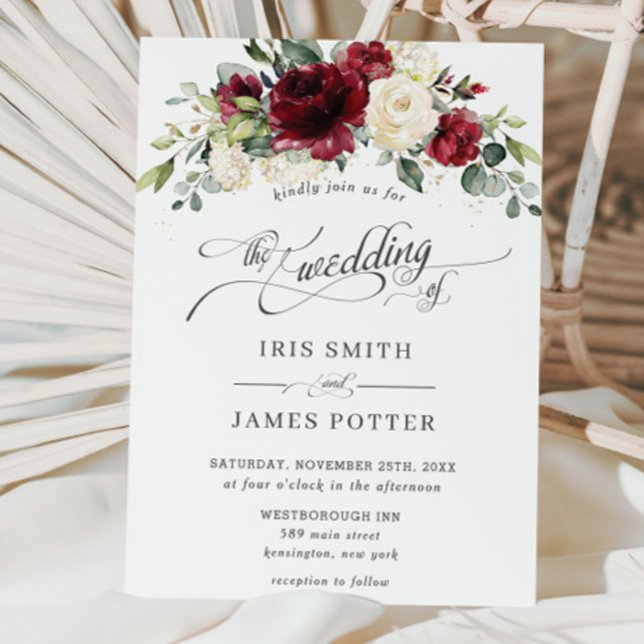 Classic Chic Burgundy Ivory Floral Wedding Invitation (rustic-elegant-burgundy-maroon-ivory-white-floral-flowers-wedding-bridal-invitation-cards-printed)