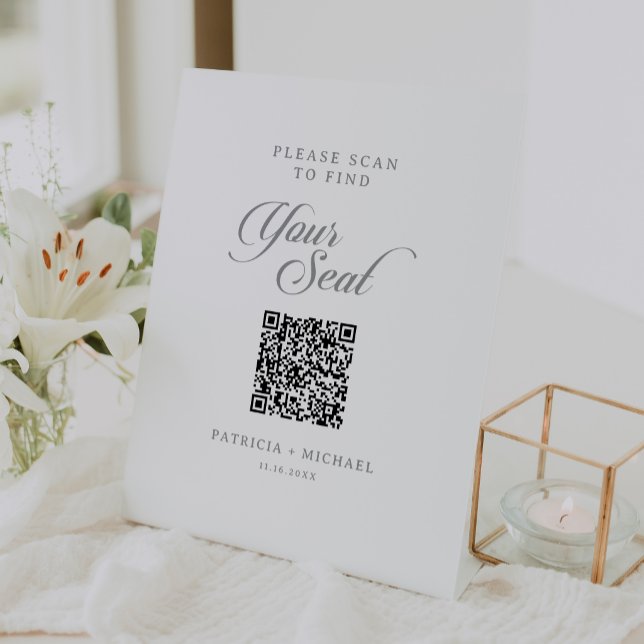 Classic Chic Calligraphy Seating Chart QR Code Pedestal Sign (Creator Uploaded)