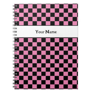Classic Chic Chequered Pink and Black Custom Name Notebook