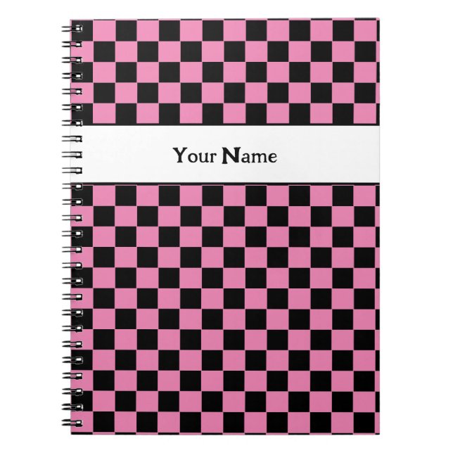 Classic Chic Chequered Pink and Black Custom Name Notebook (Front)