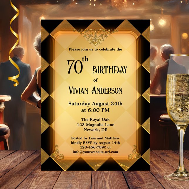 Classic Chic Gold Black Elegant Birthday Invitation (Elegant adult birthday party invitation in gold and black with a checkered background)