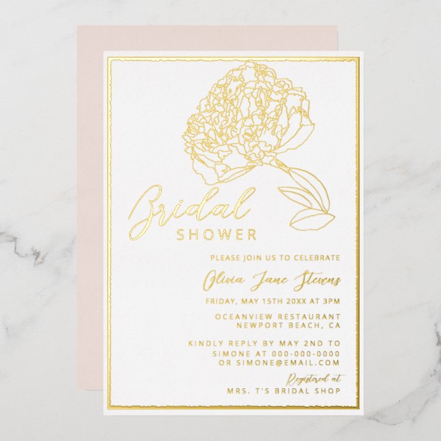 Classic Chic Gold Frame Peony Blush Bridal Shower (Front/Back)