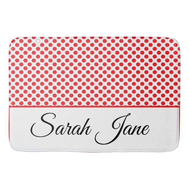 Classic Chic Red Polka Dots Pattern Custom Name Bath Mat (Front)