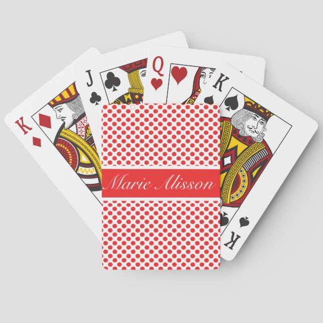 Classic Chic Red Polka Dots Pattern Custom Name Playing Cards (Back)