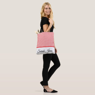Classic Chic Red Polka Dots Pattern Custom Name Tote Bag