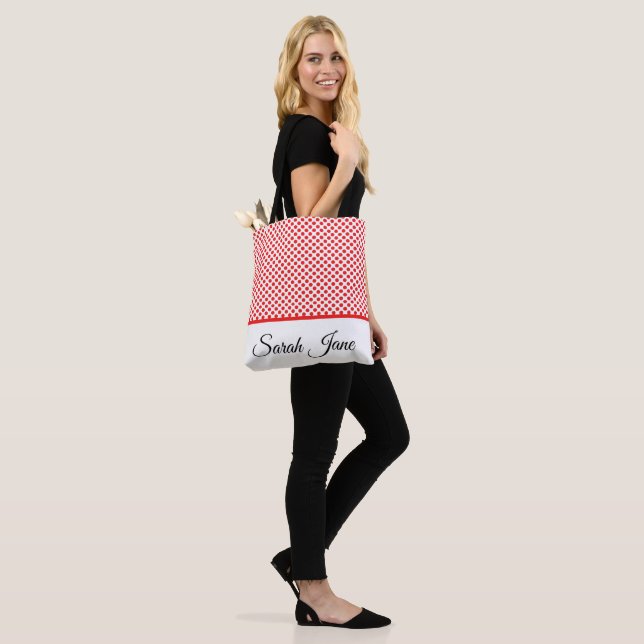 Classic Chic Red Polka Dots Pattern Custom Name Tote Bag (On Model)