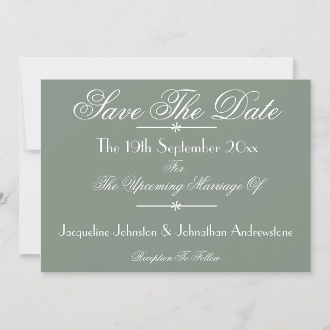 Classic Chic Script Sage Green Save The Date  Announcement (Front)