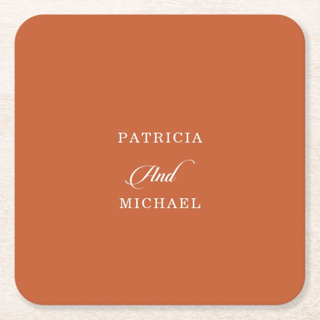 Classic Chic Terracotta Calligraphy Wedding Square Paper Coaster (Front)