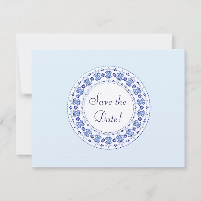 Classic China Blue Personalised Save the Date Card (Front)