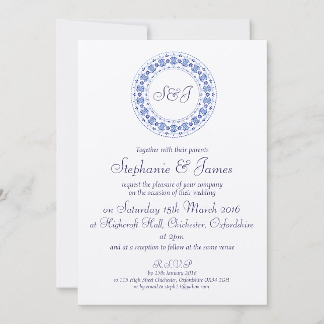 Classic China Blue Personalised Wedding Invitation (Front)