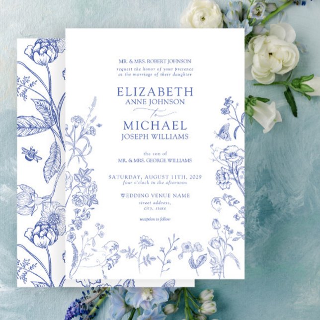 Classic Chinoiserie Blue Victorian Floral Wedding Invitation (Easy to personalize formal classic blue Chinoiserie French toil wedding invitation.
)