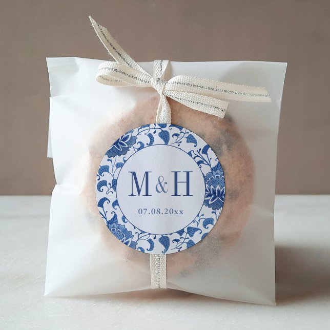 Classic Chinoiserie Monogram Wedding Favour Round Sticker (Elegant hand painted blue and white chinoiserie print background monogram wedding favor stickers)