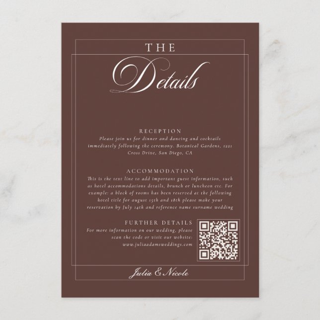 Classic Choco Brown Ivory Calligraphy QR Details Enclosure Card (Front)