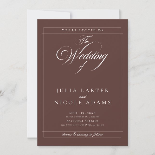 Classic Choco Brown Ivory Calligraphy Wedding Invitation (Front)