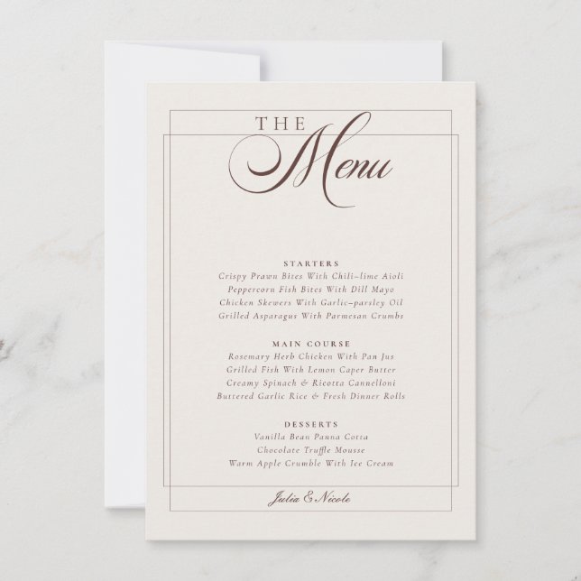 Classic Choco Brown Ivory Calligraphy Wedding Menu Invitation (Front)
