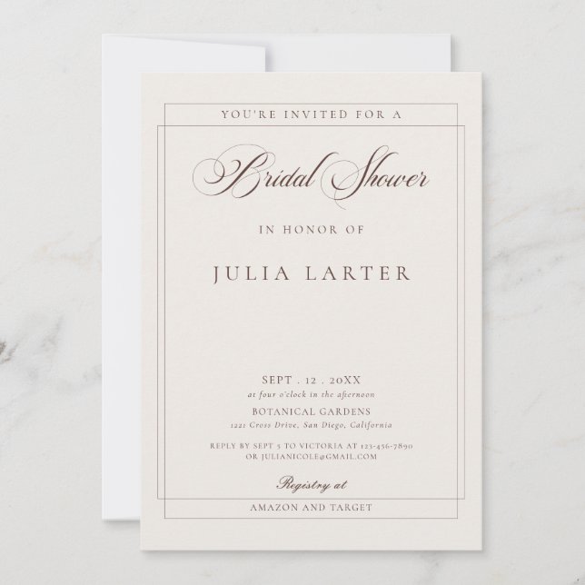 Classic Choco Ivory Calligraphy Bridal Shower Invitation (Front)