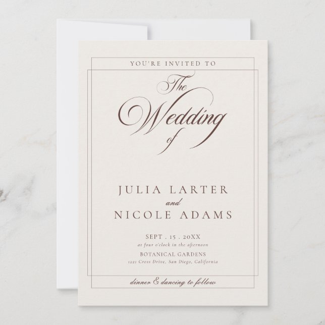 Classic Choco Ivory Calligraphy Details Wedding Invitation (Front)
