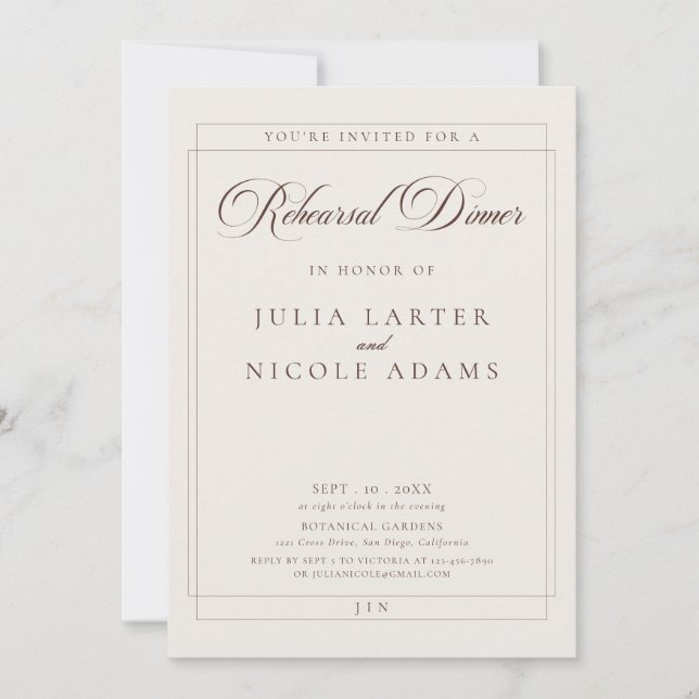 Classic Choco Ivory Calligraphy Rehearsal Dinner Invitation (Front)