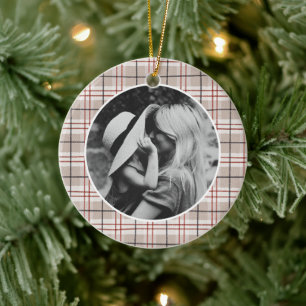 Classic Christmas Beige Plaid Photo Ceramic Tree Decoration