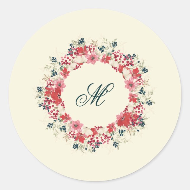 classic christmas botanical family monogram classic round sticker (Front)