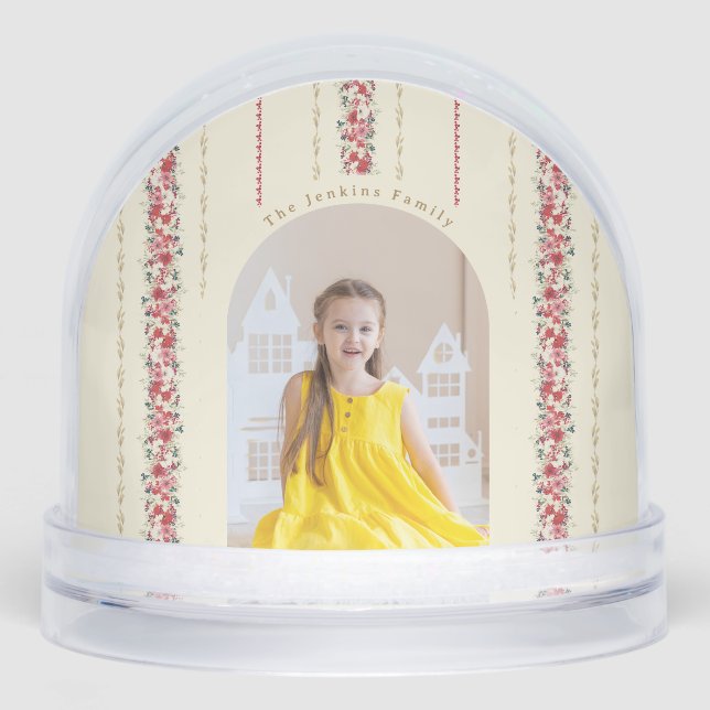 Classic Christmas Botanical Tapestry family Photo Snowglobe (Front)