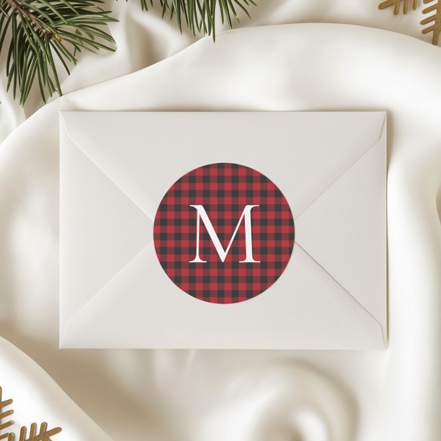 Classic Christmas Buffalo Plaid Custom Monogram Classic Round Sticker (Creator Uploaded)