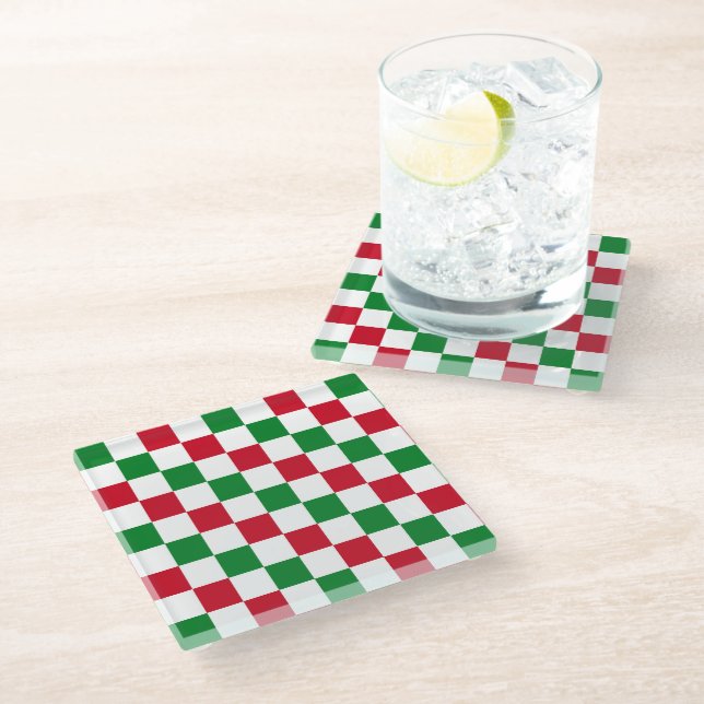 Classic Christmas Chequerboard Pattern Glass Coaster (Angled)