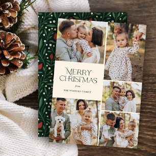 Classic Christmas Five Photo Floral Back Ivory Holiday Card
