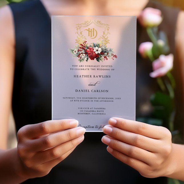 Classic Christmas Floral Crest Monogram Wedding Acrylic Invitations (Creator Uploaded)