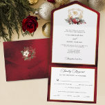 Classic Christmas Floral Crest Monogram Wedding All In One Invitation<br><div class="desc">Timeless and elegant yet festive holiday-themed wedding design featuring classic hand-drawn gold floral crest accented by a colourful spray of red and white Christmas flowers and evergreens. This custom formal template includes editable text fields as well as custom calligraphy text graphics and a gold textured border. The outside border and...</div>
