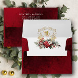 Classic Christmas Floral Crest Monogram Wedding Envelope<br><div class="desc">Timeless and elegant yet festive holiday-themed wedding design featuring classic hand-drawn gold floral crest accented by a colourful spray of red and white Christmas flowers and evergreens. This template includes editable text fields for your custom monogram with an opulent,  ruby red velvet texture background.</div>