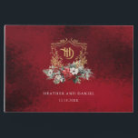 Classic Christmas Floral Crest Monogram Wedding Guest Book<br><div class="desc">Timeless and elegant yet festive holiday-themed wedding design featuring classic hand-drawn gold floral crest accented by a colourful spray of red and white Christmas flowers and evergreens. This custom formal template includes editable text fields as well as an opulent,  ruby red velvet texture background.</div>