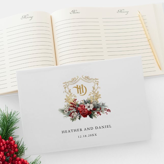 Classic Christmas Floral Crest Monogram Wedding Guest Book (Creator Uploaded)